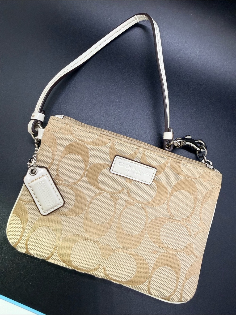 Coach Beige Signature Canvas Wristlet with White Trim